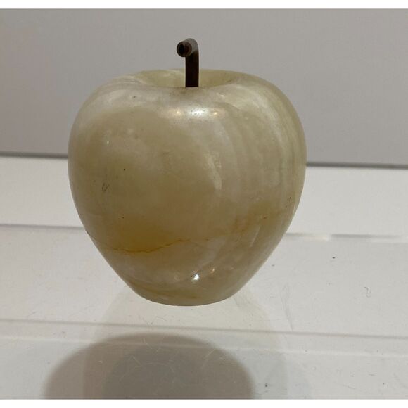 White Beige Pale Green Quartz or Marble Carved Brown Stem Decor Apple - Picture 2 of 7